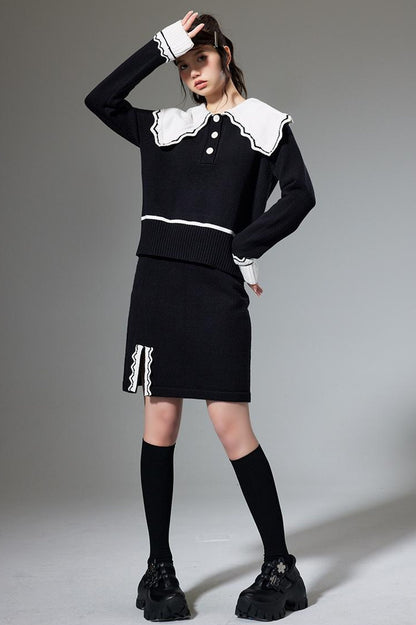 DIDDI MODA Classic Color Block Lace Collar Knit Set