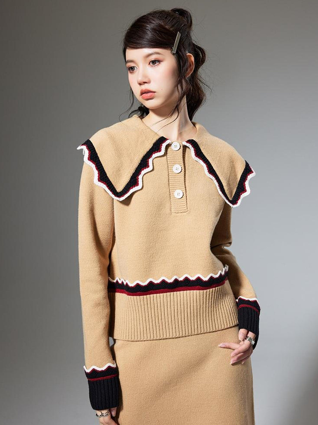 DIDDI MODA Classic Color Block Lace Collar Knit Set