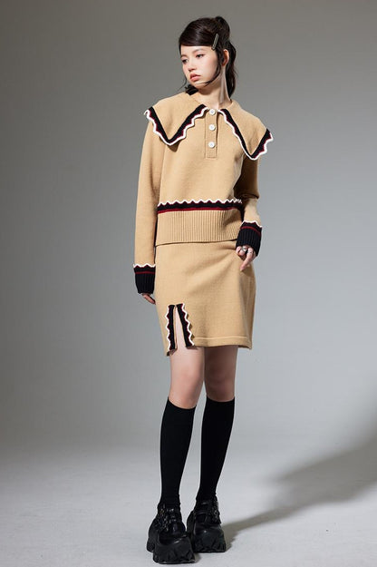 DIDDI MODA Classic Color Block Lace Collar Knit Set