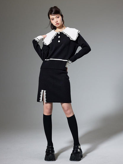 DIDDI MODA Classic Color Block Lace Collar Knit Set