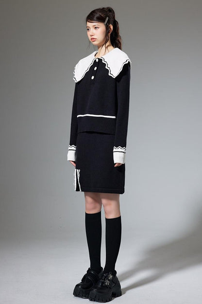 DIDDI MODA Classic Color Block Lace Collar Knit Set