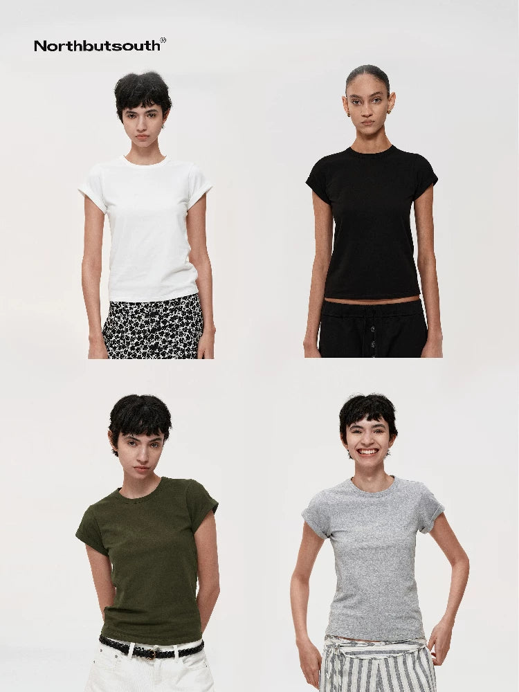 Classic Crew Neck Turn Up Sleeve Fitted T-shirt Multiple Colors