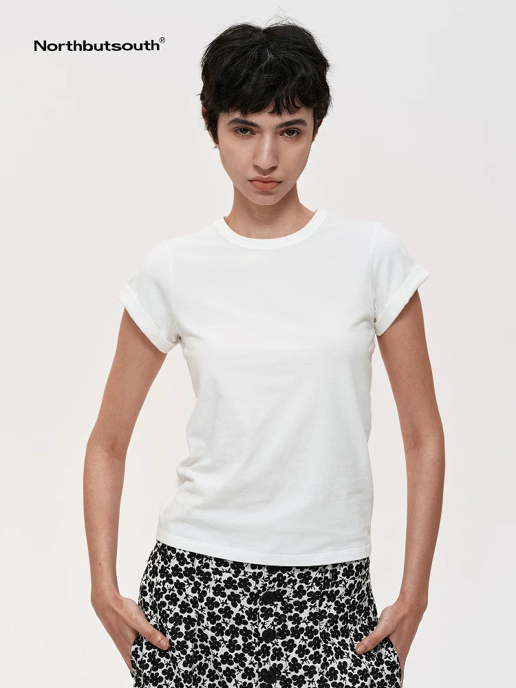 Classic Crew Neck Turn Up Sleeve Fitted T-shirt Multiple Colors