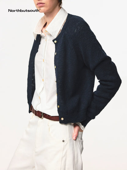 Classic Crewneck Textured Raglan Sweater Cardigan
