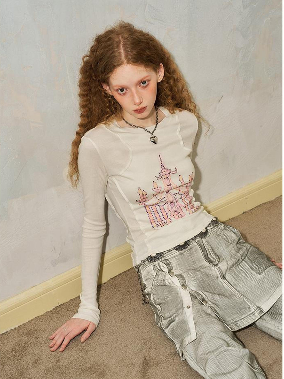 DIDDI MODA Classic Crystal Chandelier Print Layered Long Sleeve Top
