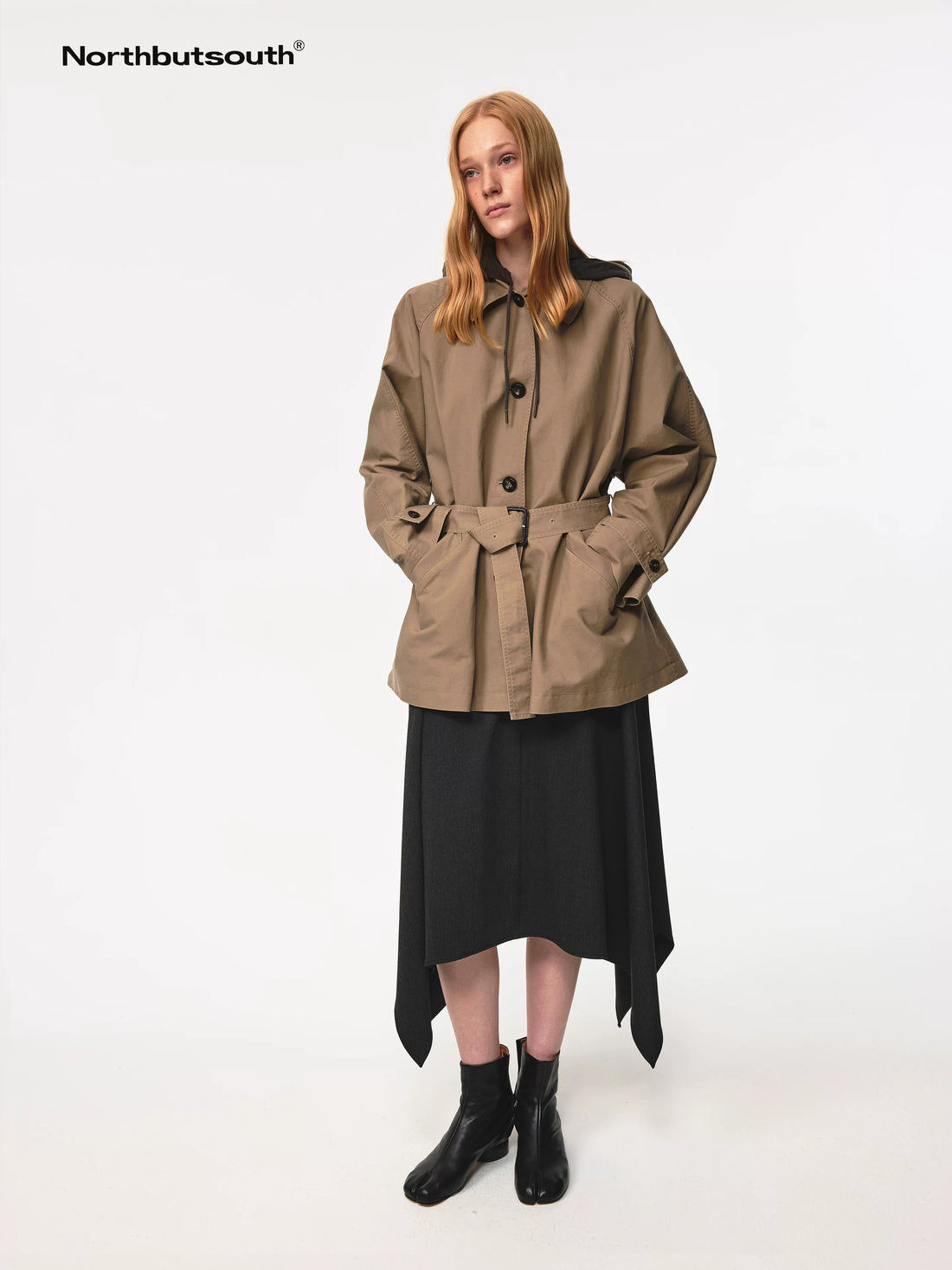 Classic Khaki Belted Drawstring Detachable Hood Windbreaker