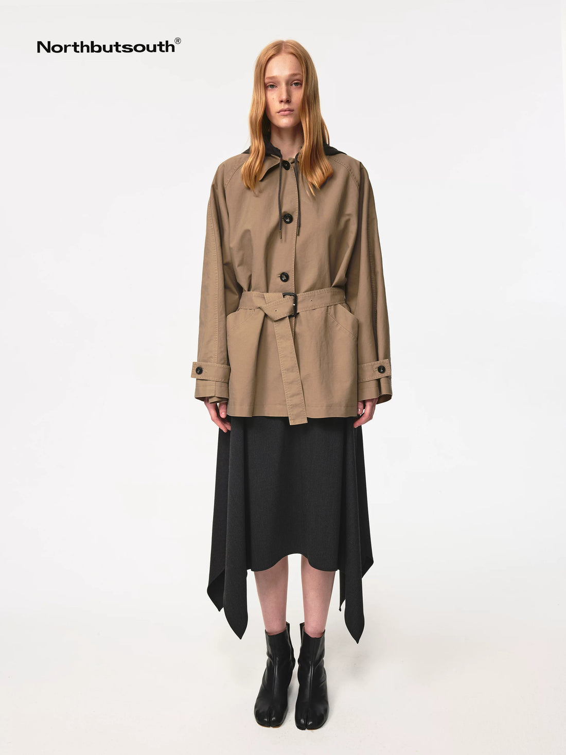Classic Khaki Belted Drawstring Detachable Hood Windbreaker