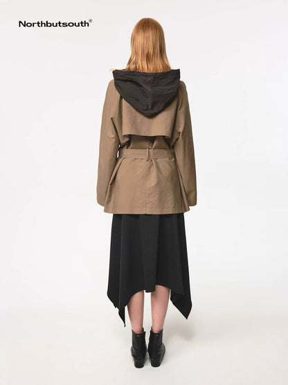 Classic Khaki Belted Drawstring Detachable Hood Windbreaker
