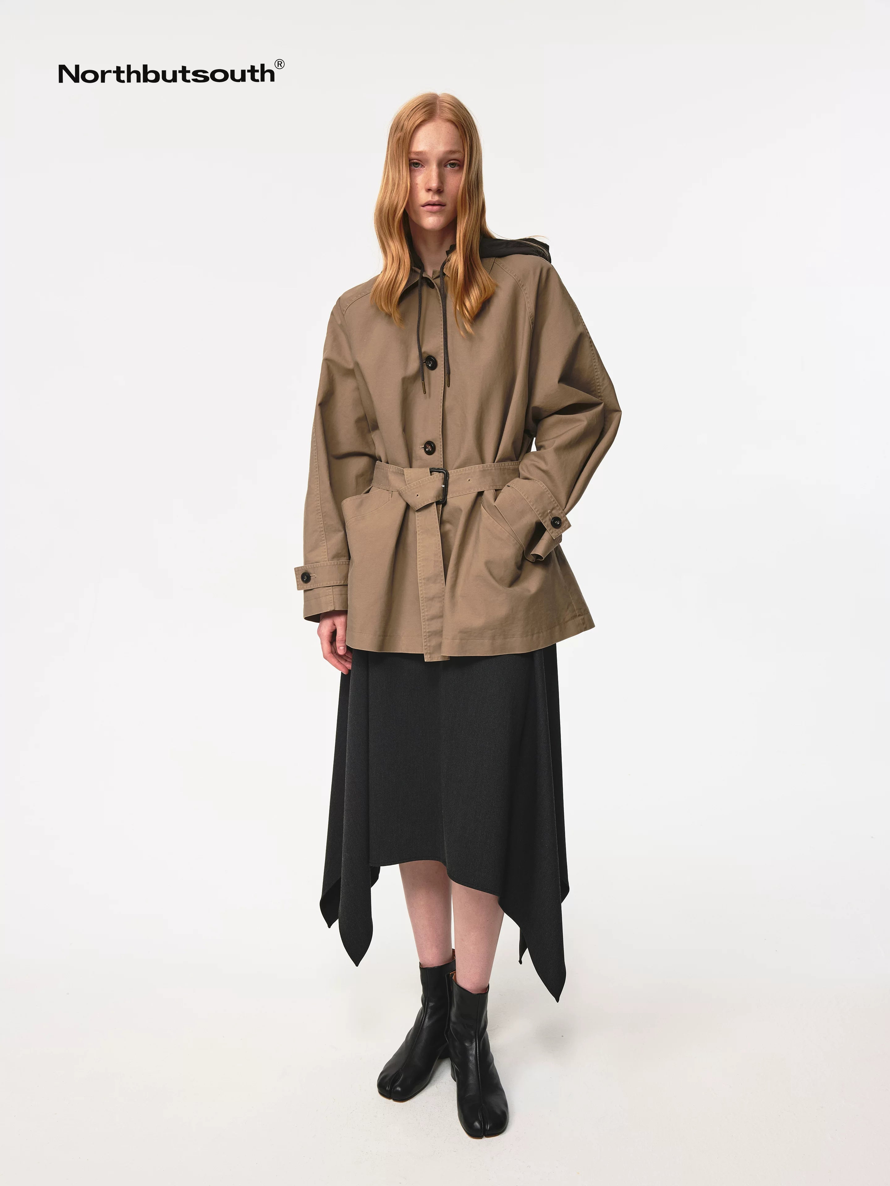 Classic Khaki Belted Drawstring Detachable Hood Windbreaker