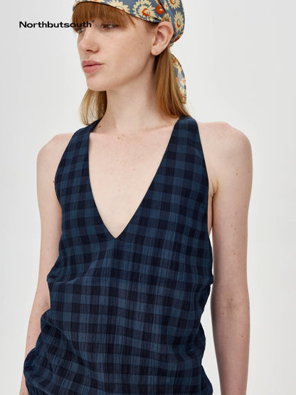 Classic Plaid Deep V Back Tie Halter Top