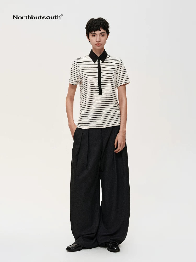 Classic Stripe Polo Collar Relaxed Fit Casual T-shirt