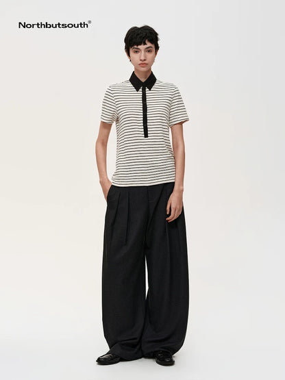 Classic Stripe Polo Collar Relaxed Fit Casual T-shirt
