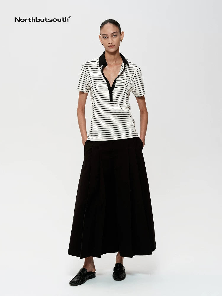 Classic Stripe Polo Collar Relaxed Fit Casual T-shirt