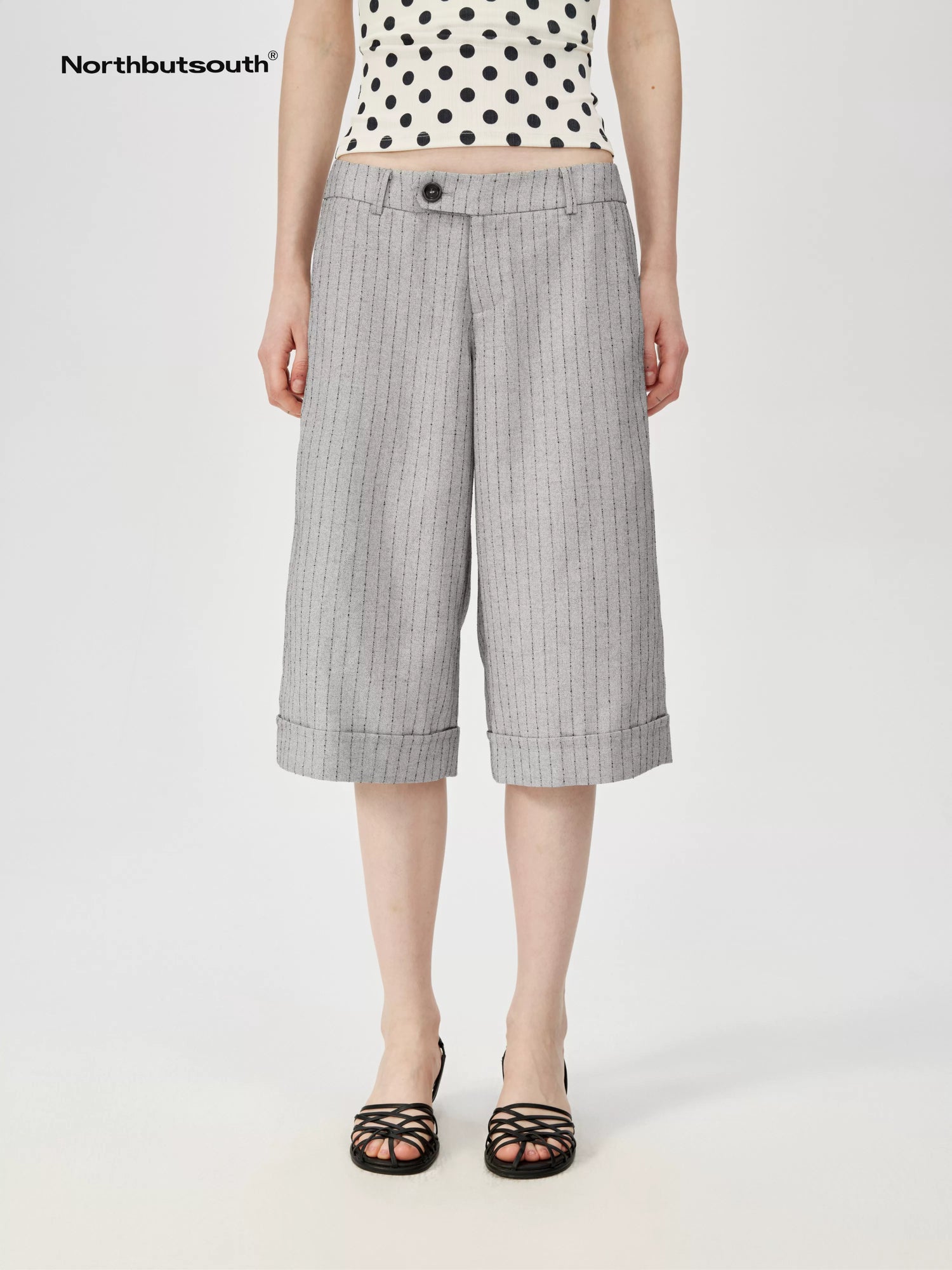 Classic Striped Cuffed Cropped Casual Trousers
