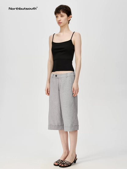 Classic Striped Cuffed Cropped Casual Trousers