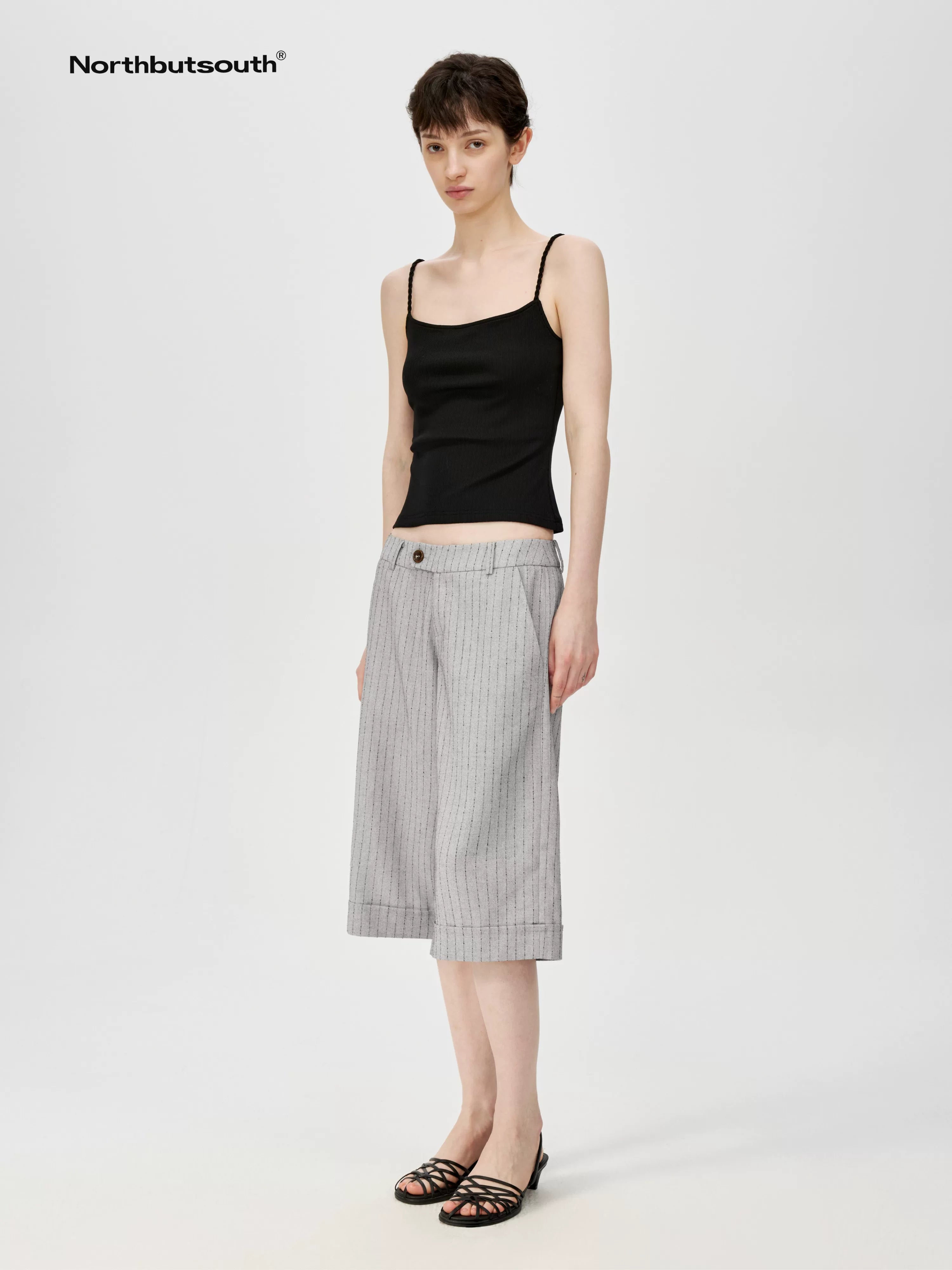 Classic Striped Cuffed Cropped Casual Trousers