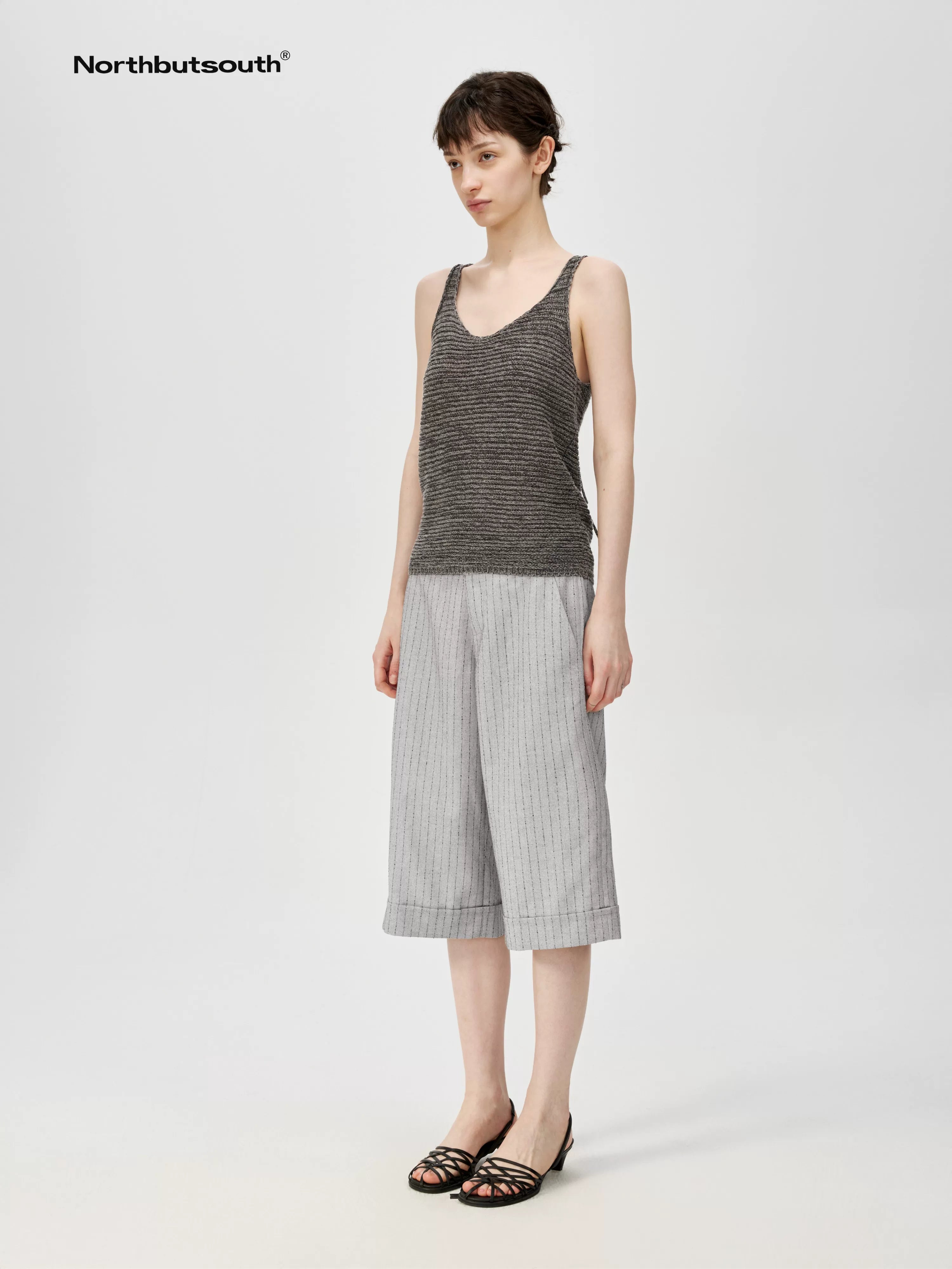 Classic Striped Cuffed Cropped Casual Trousers