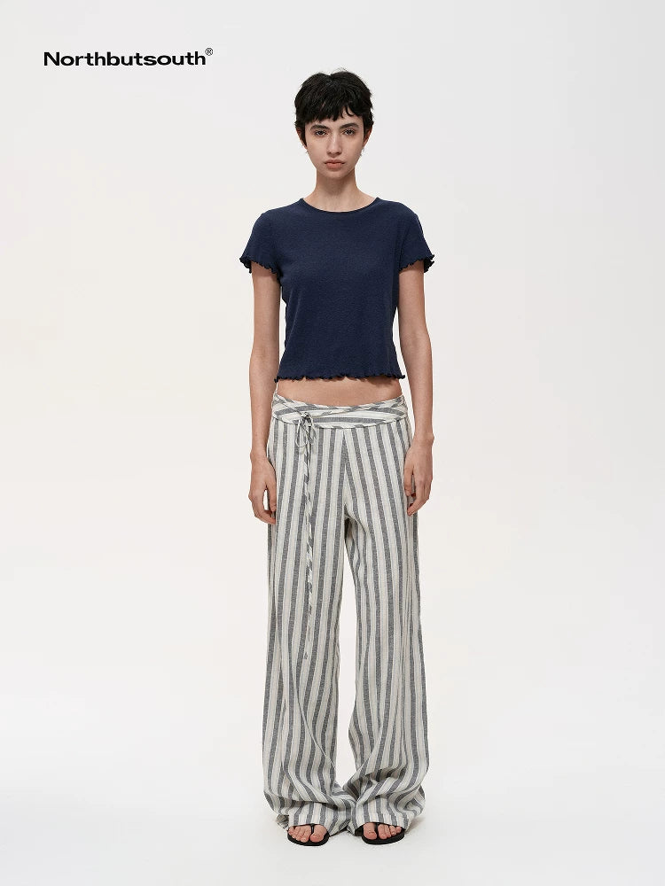 Classic Striped Hemp Tencel Drawstring Waist Resort Trousers