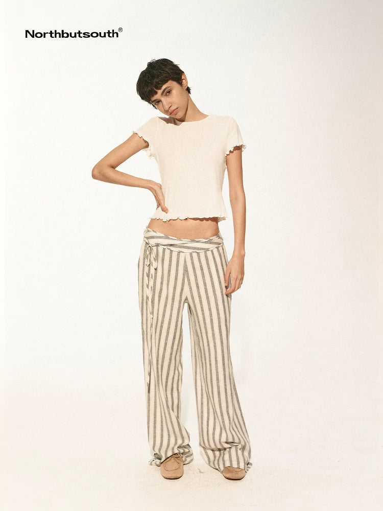 Classic Striped Hemp Tencel Drawstring Waist Resort Trousers