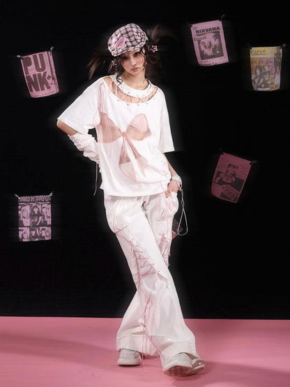 WSW WUSHENWU Cloud Hidden Cherry Blossom Lace Bow Cutout Strap Tee
