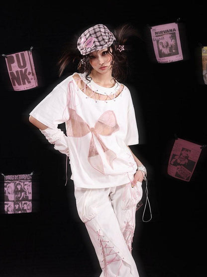 WSW WUSHENWU Cloud Hidden Cherry Blossom Lace Bow Cutout Strap Tee