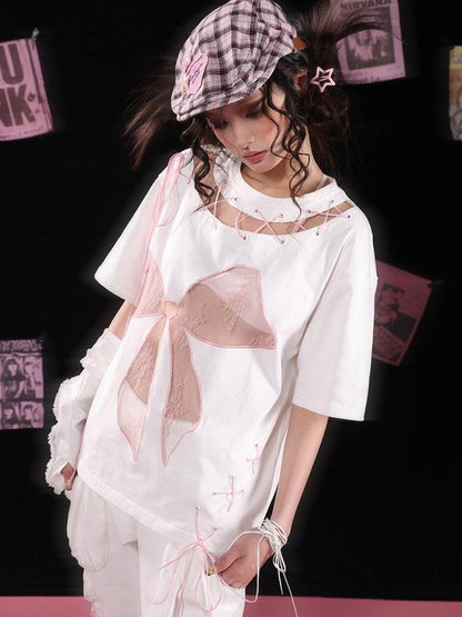 WSW WUSHENWU Cloud Hidden Cherry Blossom Lace Bow Cutout Strap Tee