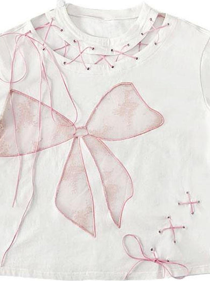 WSW WUSHENWU Cloud Hidden Cherry Blossom Lace Bow Cutout Strap Tee