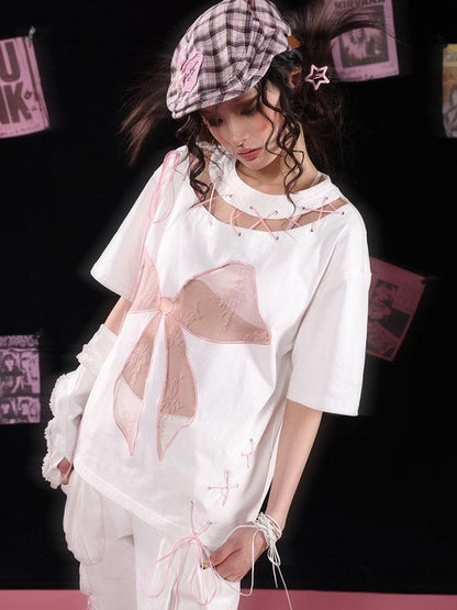 WSW WUSHENWU Cloud Hidden Cherry Blossom Lace Bow Cutout Strap Tee