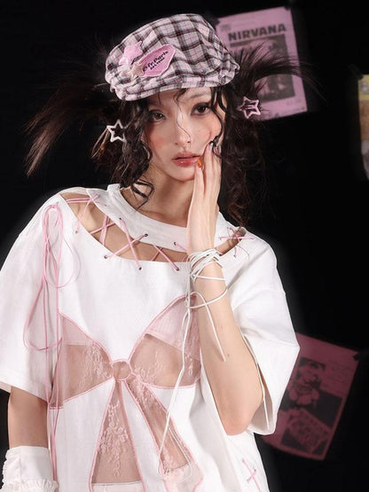 WSW WUSHENWU Cloud Hidden Cherry Blossom Lace Bow Cutout Strap Tee