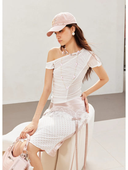 Asym Detachable Necklace Mesh Ruffle Sleeve Fitted Tee