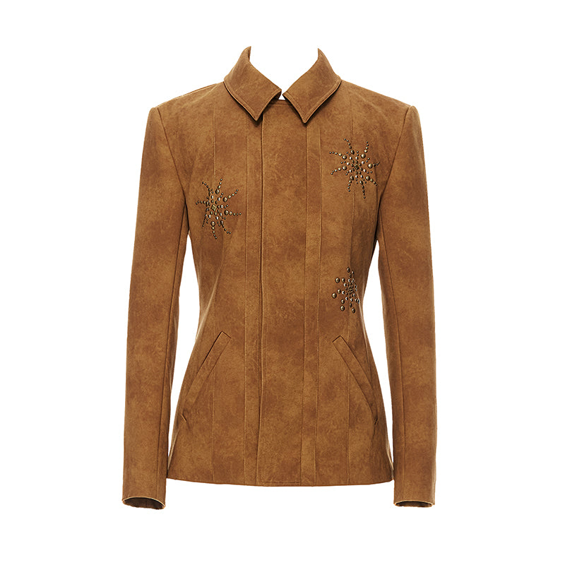 YOSHUYUKI Vintage Bronze Diamond Embellished Suede Cropped Jacket