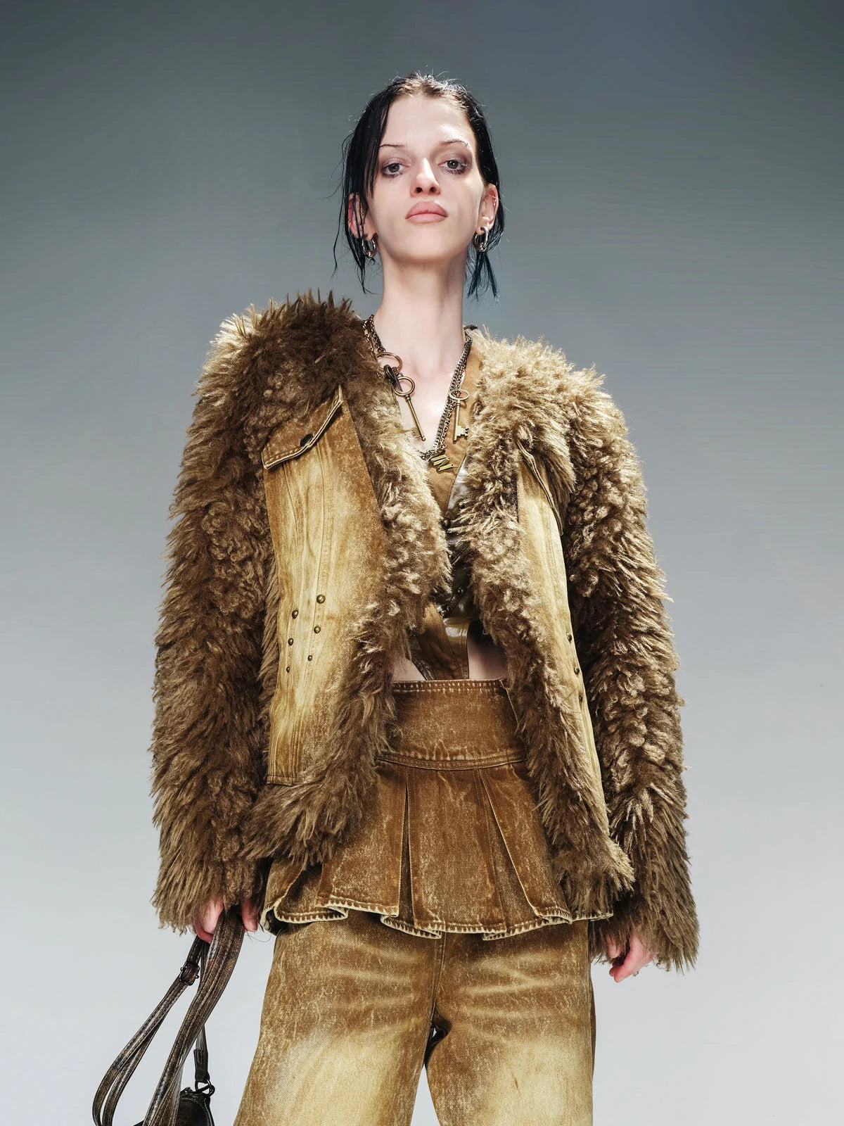 Washed Denim Patchwork Faux Fur Lined Jacket
