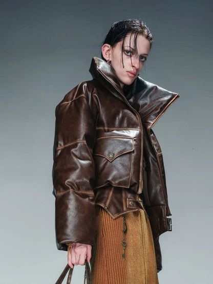 Washed Leather Down Jacket With 90 Percent White Duck Feather Fill
