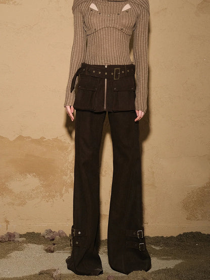 Two Piece Convertible Corduroy Skirt Pants with Detachable Belt