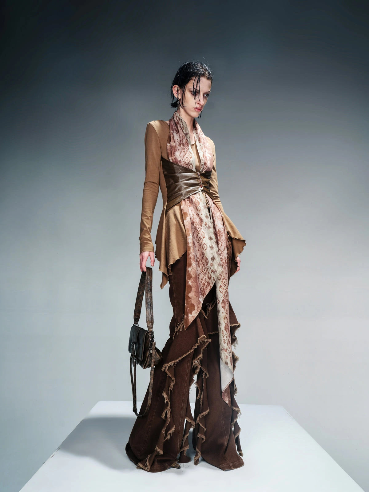 Knit Blouse With Detachable Printed Scarf And Leather Accents