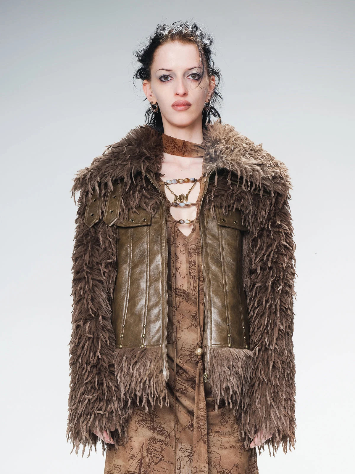 Vintage Waxed Leather Patchwork Faux Fur Coat