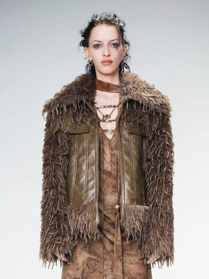 Vintage Waxed Leather Patchwork Faux Fur Coat