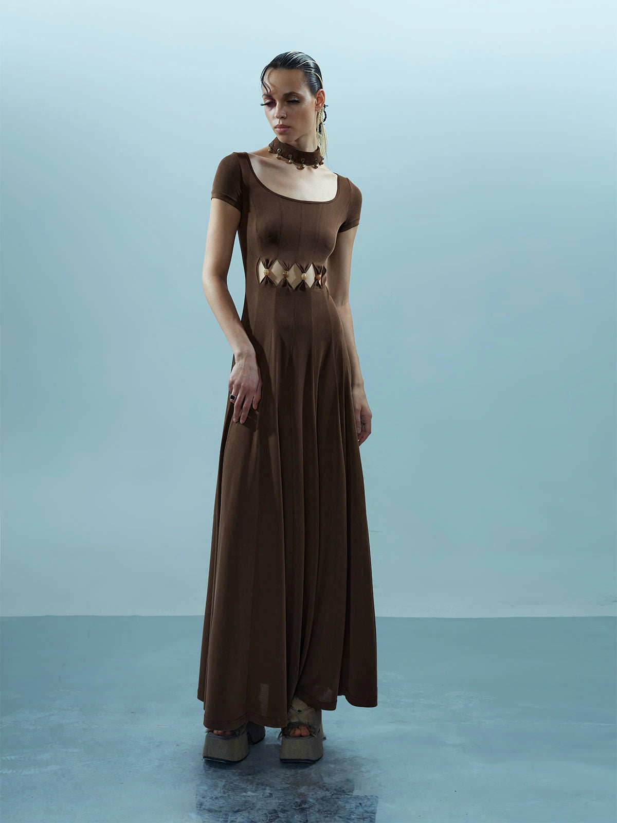 V-neck Ethereal Threads Beaded Cutout Dress