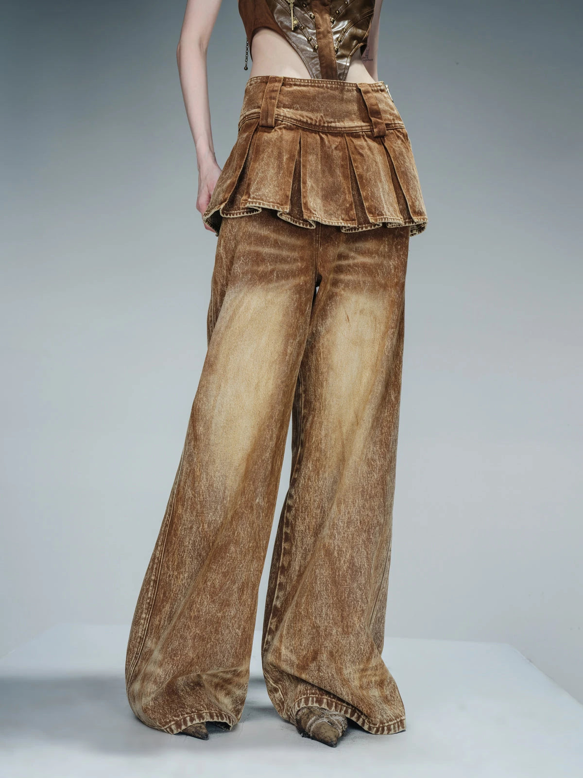 Denim Culottes With Wide Leg And Pleated Detail