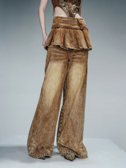 Denim Culottes With Wide Leg And Pleated Detail