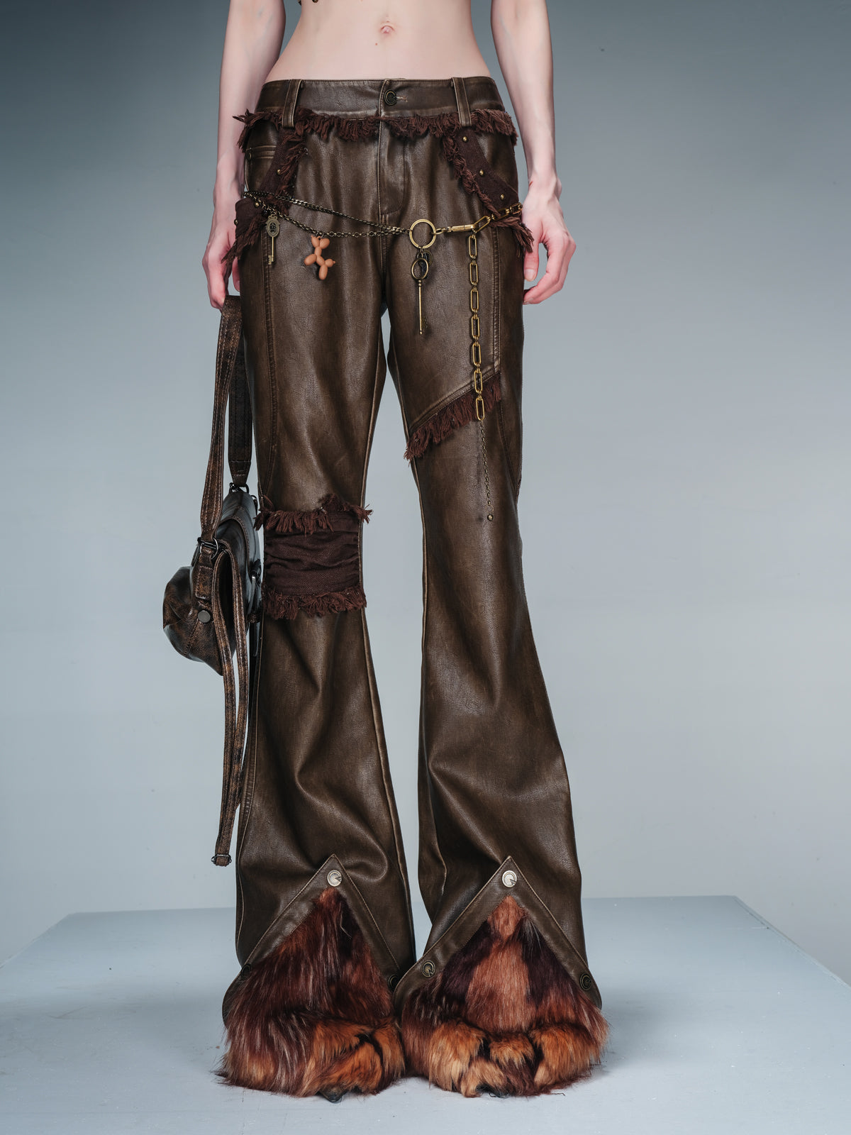 NN NORTH NODE Frayed Hem Flared Leather Pants with Detachable Fur Trim