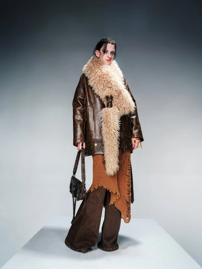 Waxed Stone Textured Leather Biker Jacket With Detachable Fur Collar