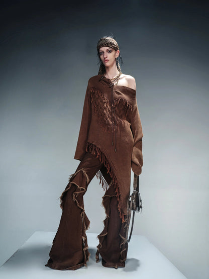 Distressed Fringe Sweater With Asymmetric Hem