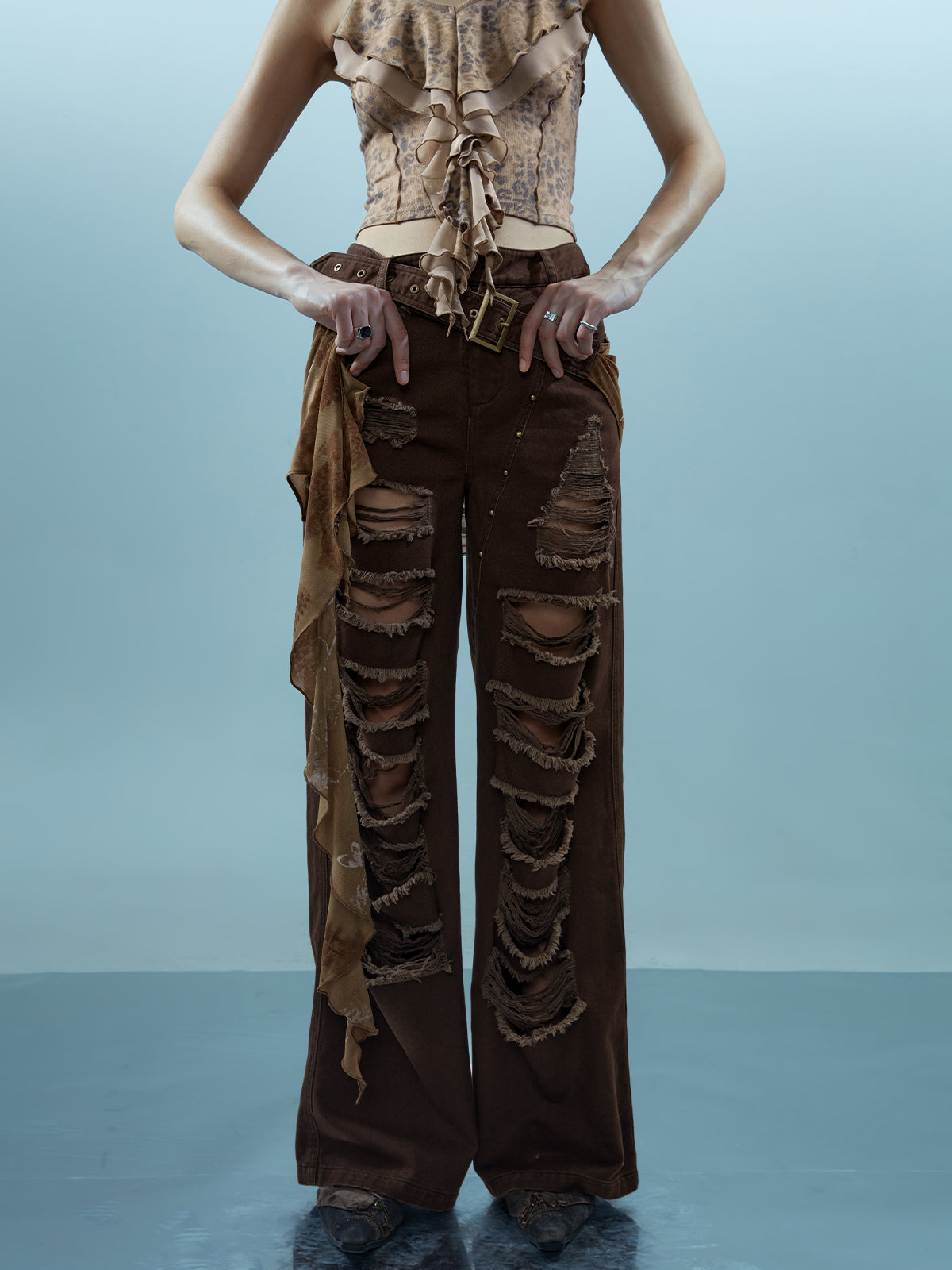 NN NORTH NODE Distressed Denim With Detachable Sheer Panel