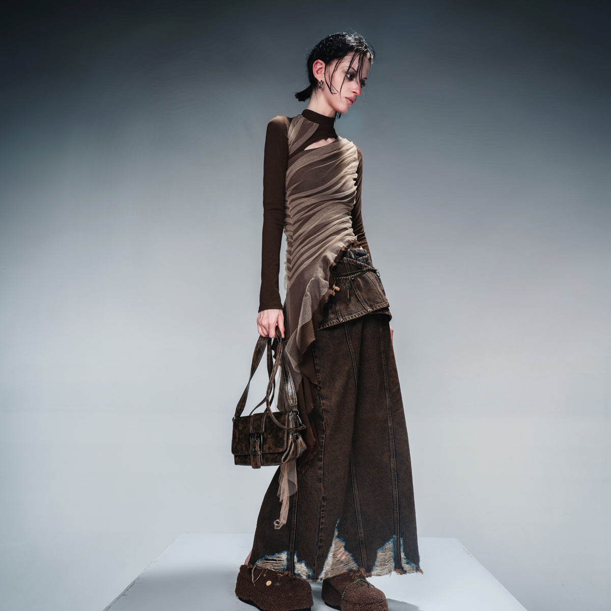 NN NORTH NODE Layered Sheer Mesh Top With Asymmetric Hem