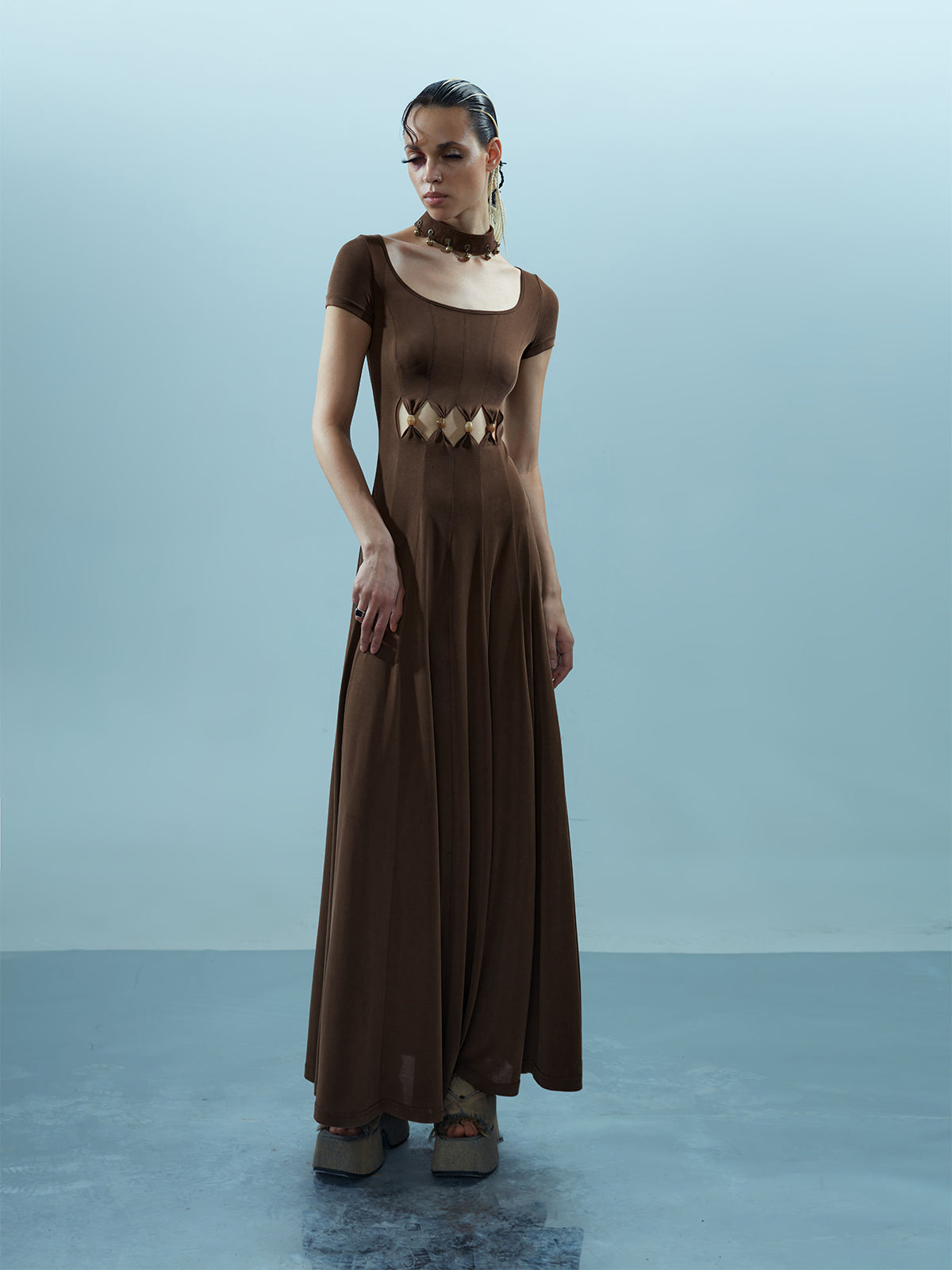 NN NORTH NODE V-neck Ethereal Threads Beaded Cutout Dress