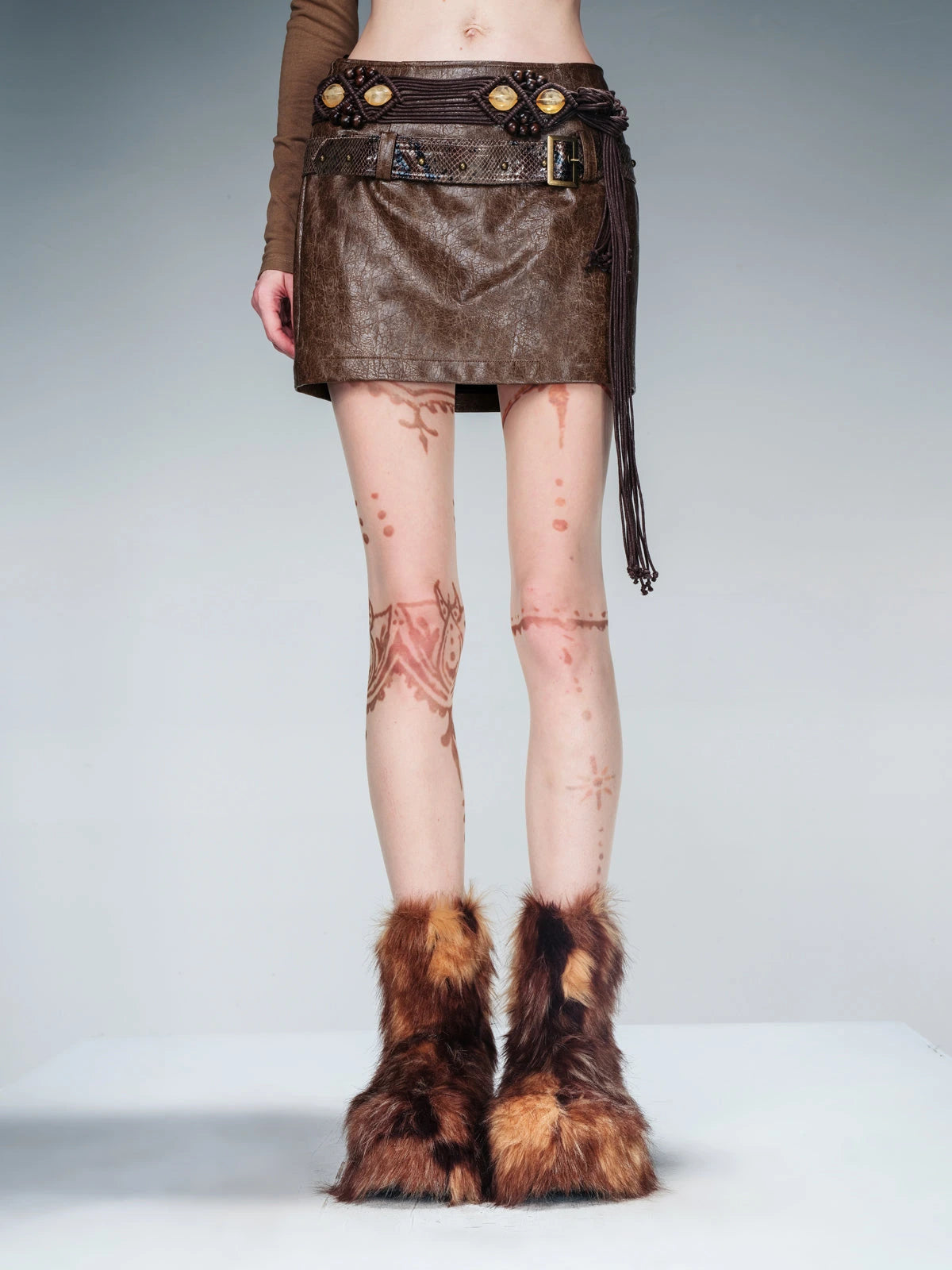 Snake Textured Double Belt Fringe Leather Skirt With Waistchain