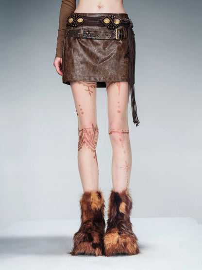Snake Textured Double Belt Fringe Leather Skirt With Waistchain