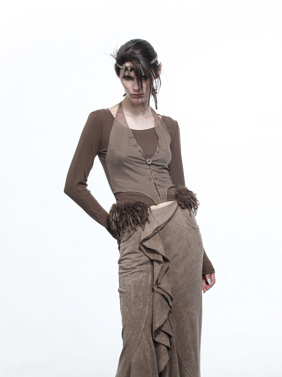 NN NORTH NODE Hooded Layered Mesh Detachable Fringe T-shirt