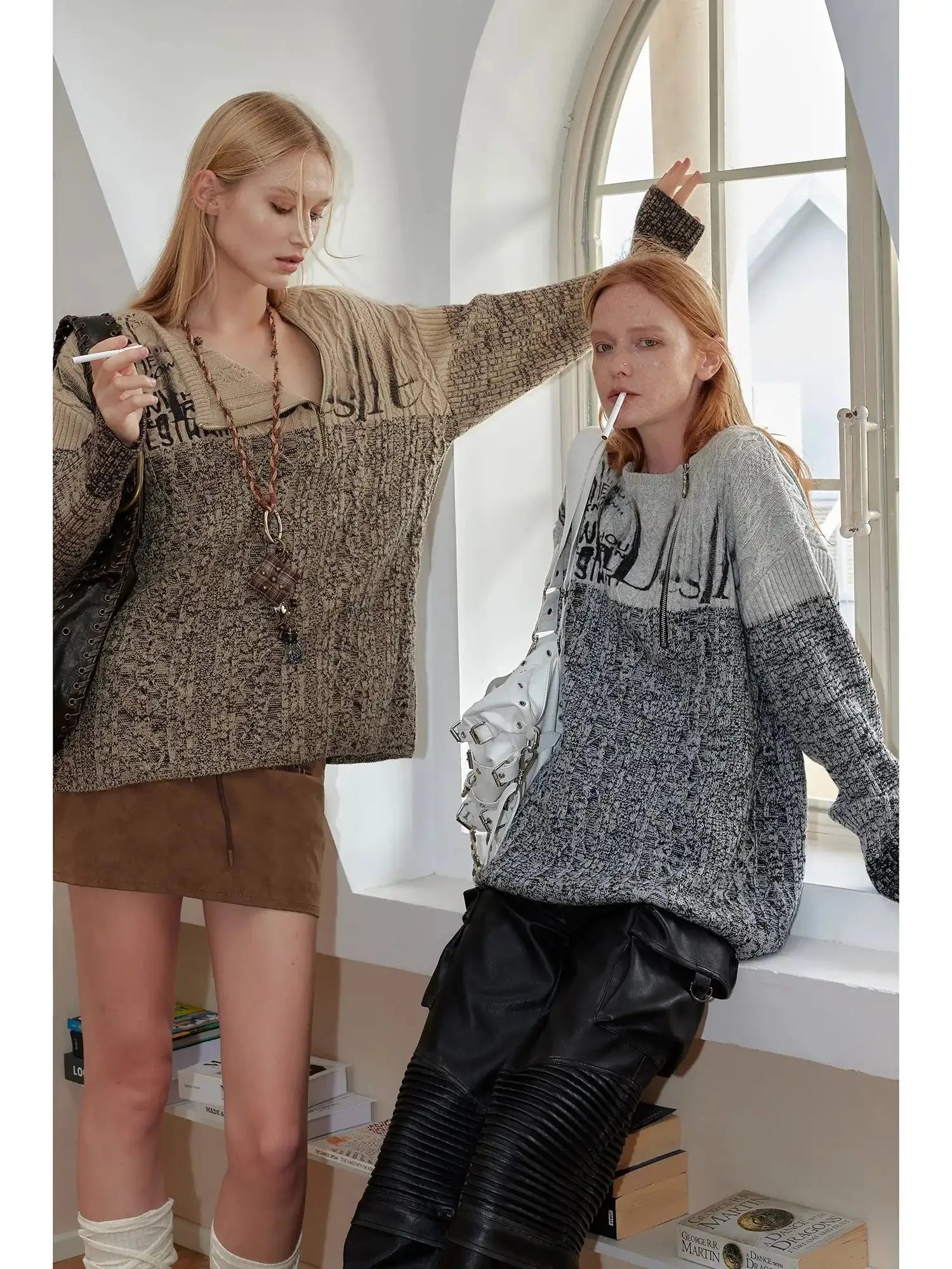 Vintage Abstract Print Oversized Zip Up Sweater